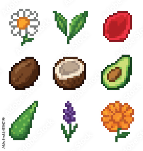 Botanical Ingredients Icons. Pixel art icon set of natural and botanical ingredients: chamomile flower, green tea leaf, rose petal