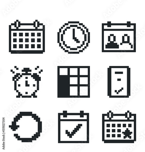 Calendar Icon Set. Pixel art icon set of calendar and scheduling tools: month view calendar, day view clock, meeting invitation,