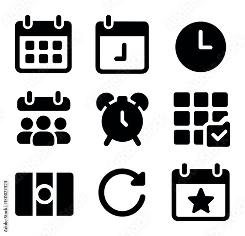 Calendar Icon Set. Solid, Filled icon set of calendar and scheduling tools: month view calendar, day view clock, meeting