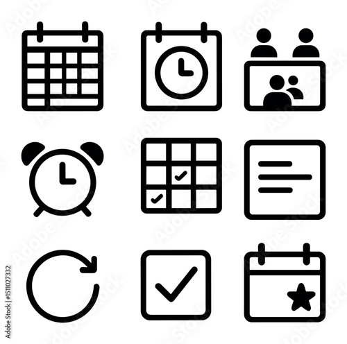 Calendar Tools Icons. Flat icon set of calendar and scheduling tools: month view calendar, day view clock, meeting invitation,