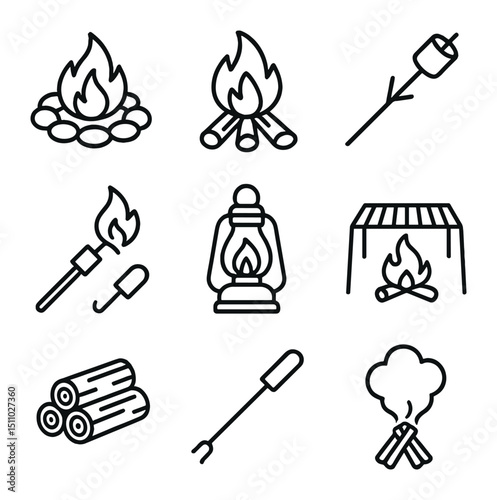 Campfire Icon Set. Outline icon set of campfire and outdoor fire: campfire ring, log teepee, marshmallow on stick, firestarter,