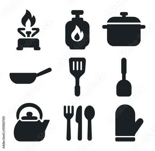 Camping Cookware Icons. Solid, Filled icon set of camping cooking tools: portable stove, fuel canister, cooking pot, frying pan,