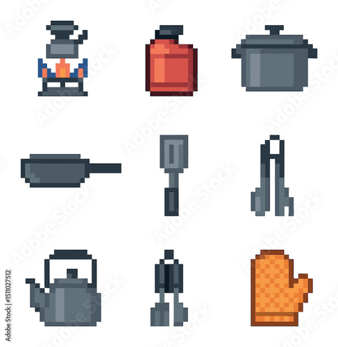Camping Cooking Tool Icons. Pixel art icon set of camping cooking tools: portable stove, fuel canister, cooking pot, frying pan,