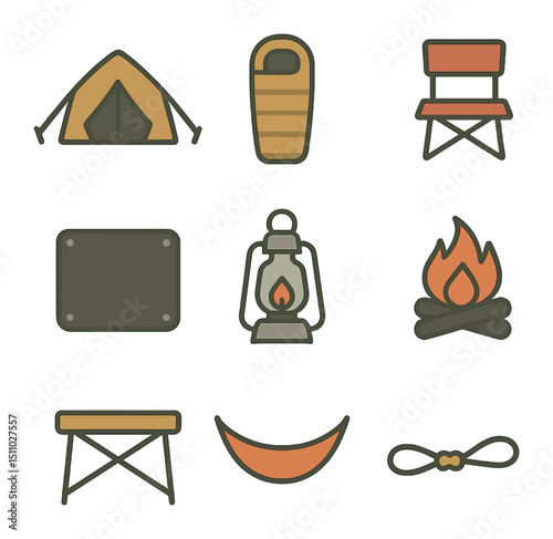 Campsite Essentials Icons. Flat icon set of campsite setup: tent, sleeping bag, camping chair, ground tarp, lantern, fire pit,