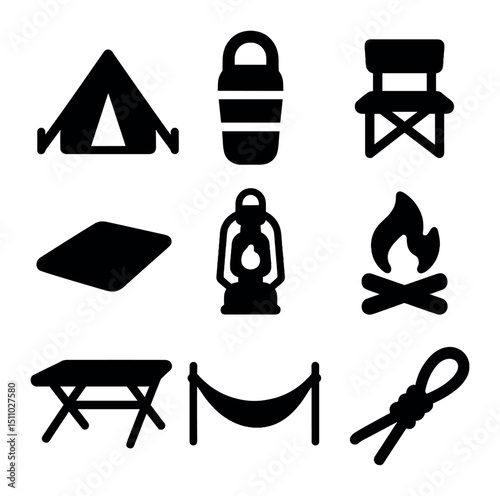 Campsite Icon Collection. Solid, Filled icon set of campsite setup: tent, sleeping bag, camping chair, ground tarp, lantern, fire