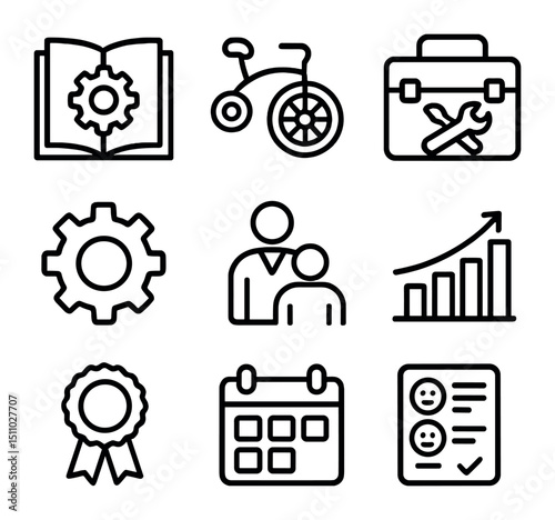 Capacity Building Icons. Outline icon set of capacity building and training: workshop manual, training wheels, toolbox, gear icon,
