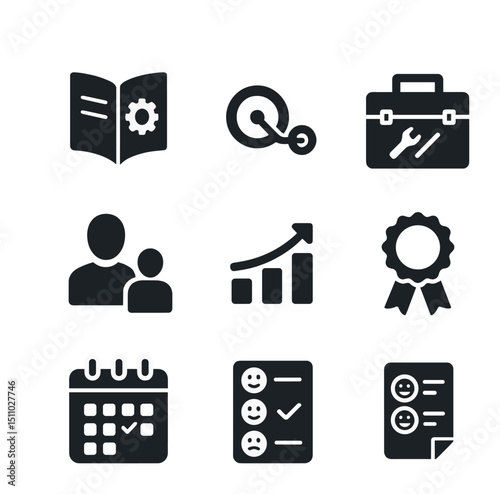 Capacity Building Icons. Flat icon set of capacity building and training: workshop manual, training wheels, toolbox, gear icon,