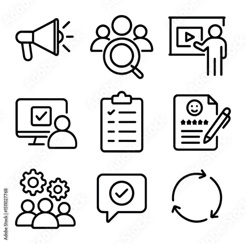Change Management Icons. Outline icon set of change management phases: awareness campaign, stakeholder analysis, training session,