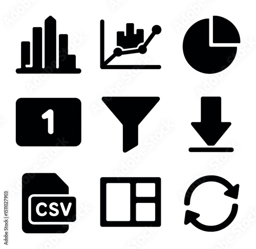City Analytics Icons. Solid, Filled icon set of city analytics dashboard: bar chart, line graph, pie chart, KPI card, filter