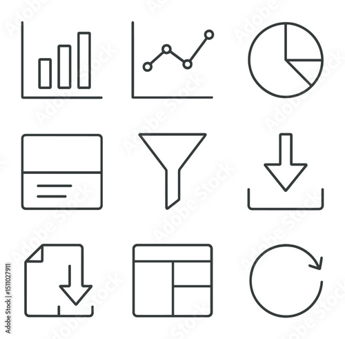 City Analytics Icons. Outline icon set of city analytics dashboard: bar chart, line graph, pie chart, KPI card, filter funnel,