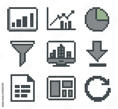 City Dashboard Icons. Pixel art icon set of city analytics dashboard: bar chart, line graph, pie chart, KPI card, filter funnel,