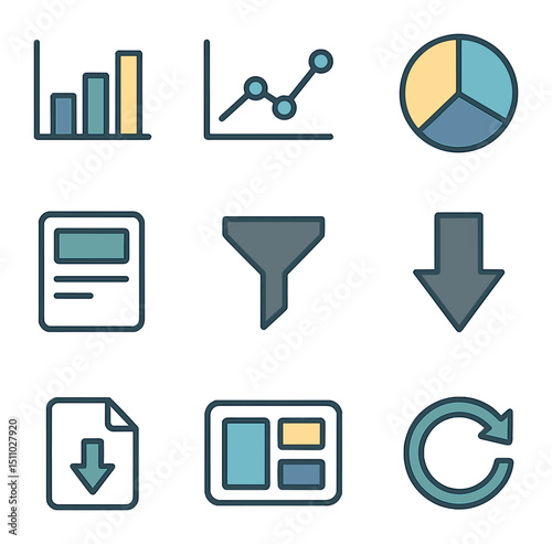 City Dashboard Icons. Flat icon set of city analytics dashboard: bar chart, line graph, pie chart, KPI card, filter funnel,