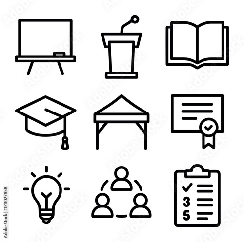 Civic Education Icons. Outline icon set of civic education workshops: chalkboard, lecture podium, open book, graduation cap,