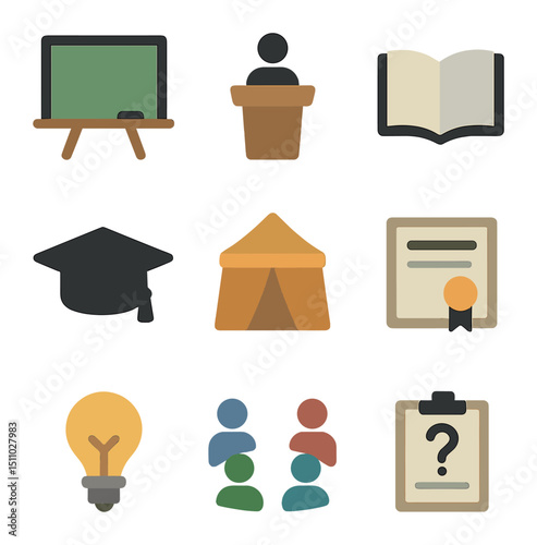 Civic Education Icons. Flat icon set of civic education workshops: chalkboard, lecture podium, open book, graduation cap, workshop