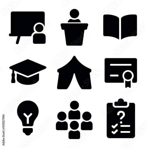 Civic Education Icons. Solid, Filled icon set of civic education workshops: chalkboard, lecture podium, open book, graduation cap,