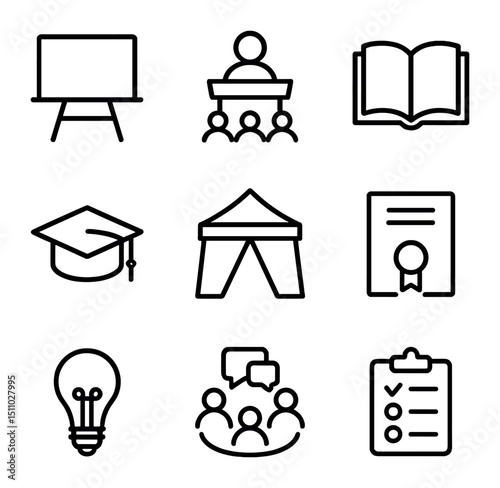 Civic Education Icons. Outline icon set of civic education workshops: chalkboard, lecture podium, open book, graduation cap,