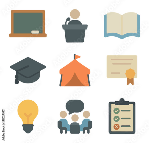 Civic Education Icons. Flat icon set of civic education workshops: chalkboard, lecture podium, open book, graduation cap, workshop