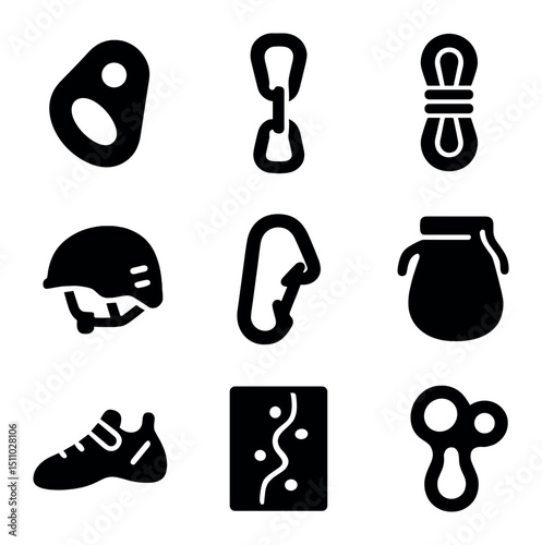 Climbing Gear Icons. Solid, Filled icon set of sport climbing features: bolt hanger, quickdraw, dynamic rope, helmet, clipping