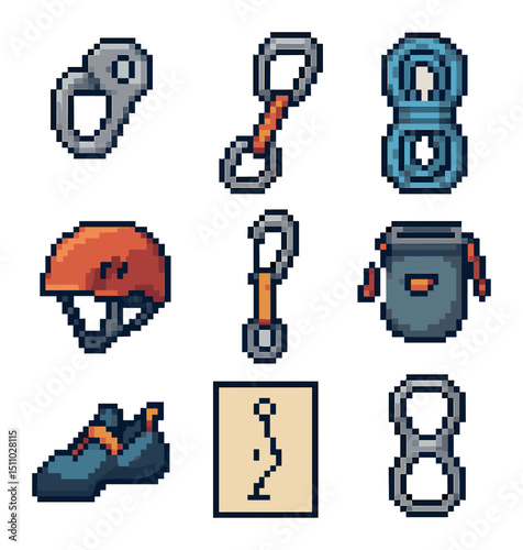 Climbing Gear Icons. Pixel art icon set of sport climbing features: bolt hanger, quickdraw, dynamic rope, helmet, clipping hook,
