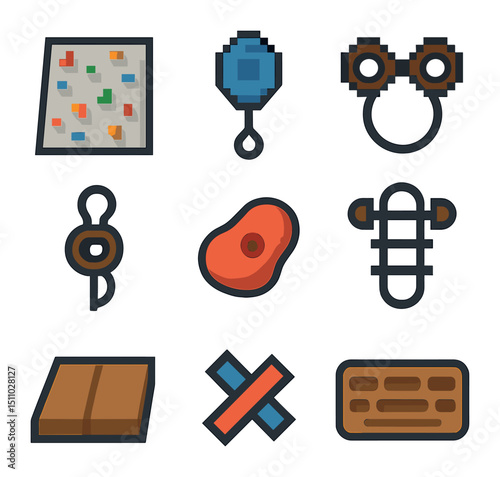Climbing Gym Icons. Pixel art icon set of indoor climbing gym elements: climbing wall, auto belay, top‐rope anchor, rope tensioner