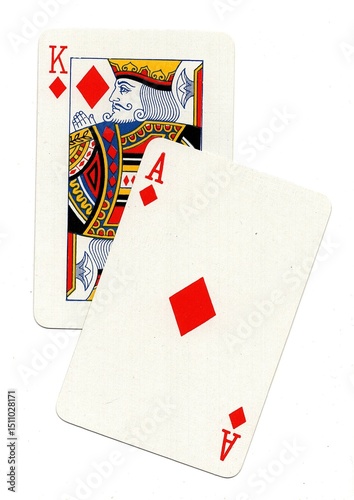 A pair of playing cards in the suit of diamonds isolated on a white background.