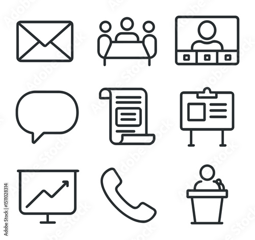 Communication Icon Set. Outline icon set of communication channels: email envelope, meeting table, video conference screen, chat