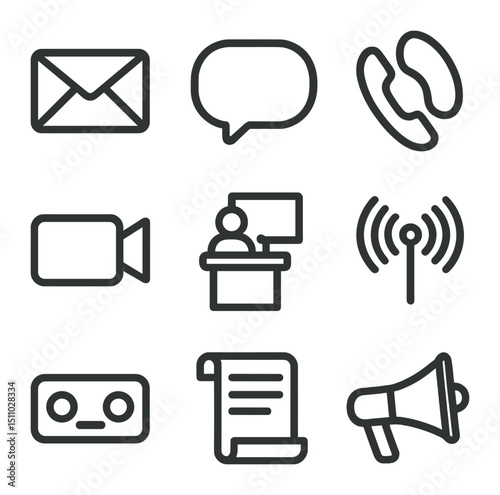 Communication Icon Set. Outline icon set of communication utilities: email envelope, chat bubble, phone handset, video camera,
