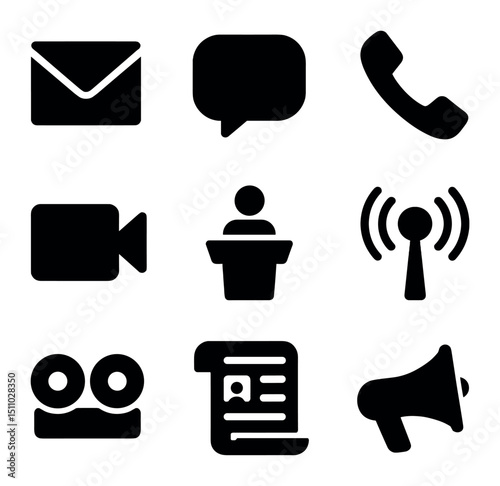 Communication Icons Grid. Solid, Filled icon set of communication utilities: email envelope, chat bubble, phone handset, video