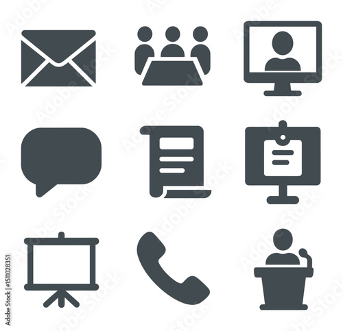 Communication Icons Grid. Flat icon set of communication channels: email envelope, meeting table, video conference screen, chat