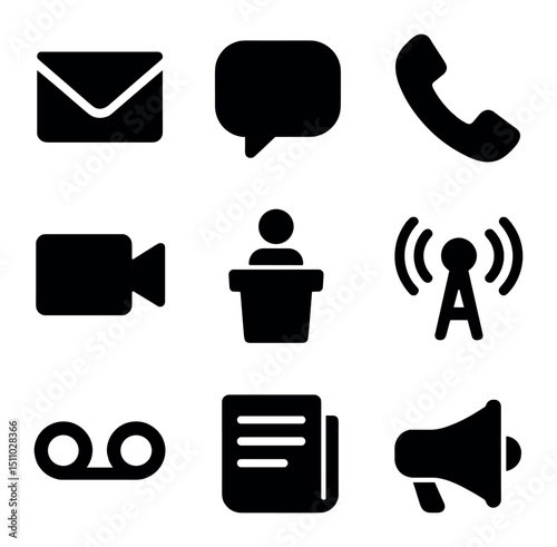 Communication Icons Grid. Solid, Filled icon set of communication utilities: email envelope, chat bubble, phone handset, video