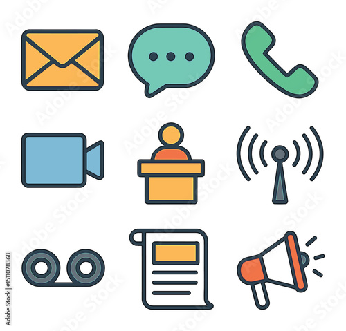 Communication Icons Grid. Flat icon set of communication utilities: email envelope, chat bubble, phone handset, video camera,