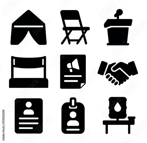 Community Event Icons. Solid, Filled icon set of community organizing events: community tent, folding chair, microphone podium,