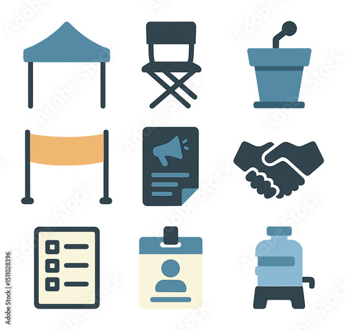 Community Event Icons. Flat icon set of community organizing events: community tent, folding chair, microphone podium, stage