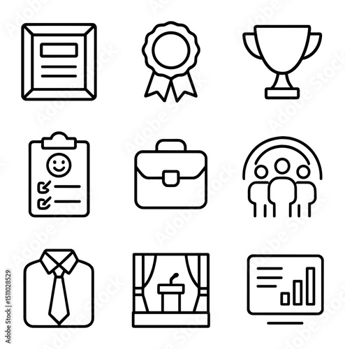 Corporate Culture Icons. Outline icon set of corporate culture elements: mission statement plaque, core values badge, recognition