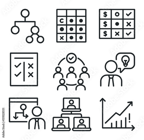 Decision-Making Icons Grid. Flat icon set of decision‐making methods: decision tree, weighted criteria matrix, cost–benefit table,
