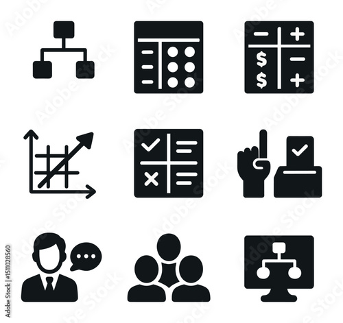 Decision-Making Icons Grid. Solid, Filled icon set of decision‐making methods: decision tree, weighted criteria matrix,