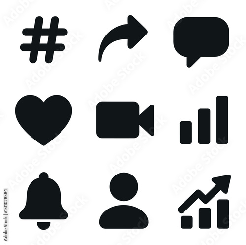 Digital Activism Icons. Flat icon set of digital activism platform features: hashtag symbol, share arrow, comment bubble, like
