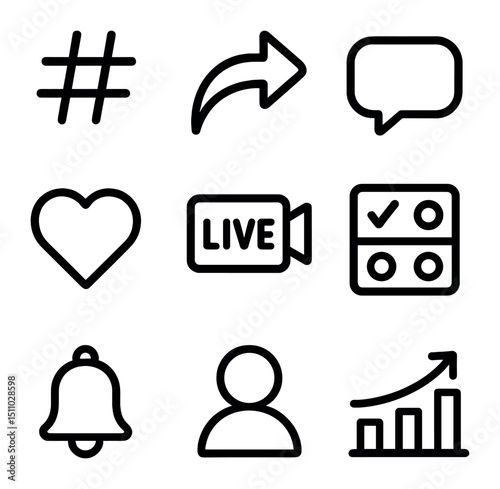 Digital Activism Icons. Outline icon set of digital activism platform features: hashtag symbol, share arrow, comment bubble, like