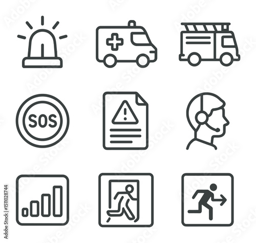 Emergency Response Icons. Outline icon set of emergency response coordination: siren icon, ambulance, fire truck, police badge,