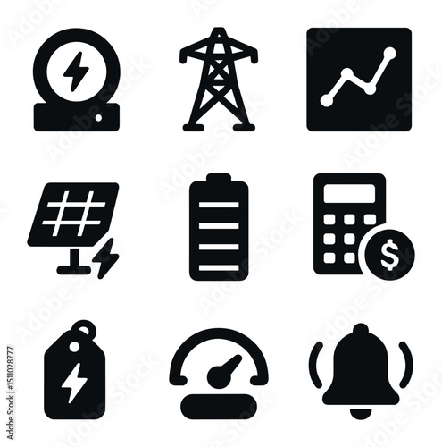 Energy Monitoring Icons. Solid, Filled icon set of energy consumption monitoring: smart meter, power line, usage graph, solar