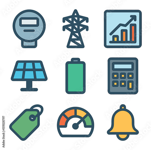 Energy Monitoring Icons. Flat icon set of energy consumption monitoring: smart meter, power line, usage graph, solar panel,