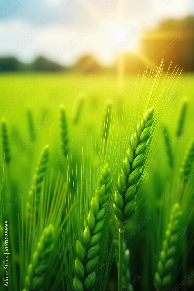 A lush green field of wheat swaying gently in the summer breeze, bathed in warm sunlight The scene evokes feelings of tranquility and the abundance of the season , july, summer A lush green field of wheat swaying gently in the summer breeze, bathed in warm sunlight The scene evokes feelings of tranquility and the abundance of the season , july, summer