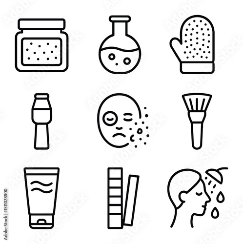 Exfoliation Icons Collection. Outline icon set of exfoliation and peels: sugar scrub jar, chemical peel flask, exfoliating glove,
