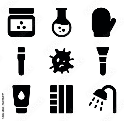 Exfoliation Icon Set. Solid, Filled icon set of exfoliation and peels: sugar scrub jar, chemical peel flask, exfoliating glove,