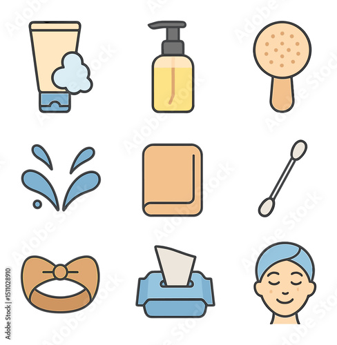 Facial Cleansing Icons. Flat icon set of facial cleansing steps: foam cleanser, oil cleanser pump, cleansing brush, water splash,