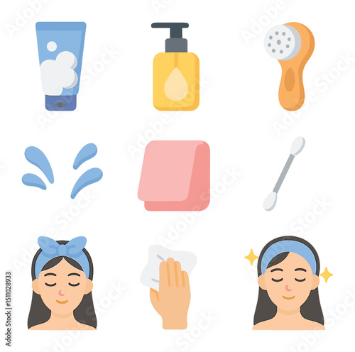 Facial Cleansing Icons. Flat icon set of facial cleansing steps: foam cleanser, oil cleanser pump, cleansing brush, water splash,