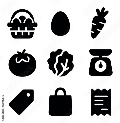 Farmers Market Icons. Solid, Filled icon set of farmers market egg baskets: basket, egg, carrot, tomato, lettuce leaf, scale,
