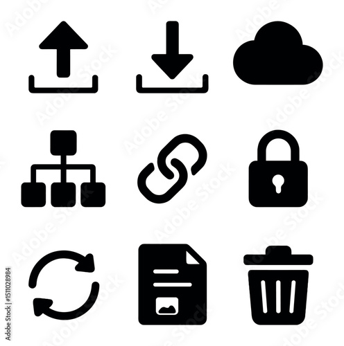 File Sharing Icons. Flat icon set of file sharing services: upload arrow, download arrow, cloud storage, folder tree, link share