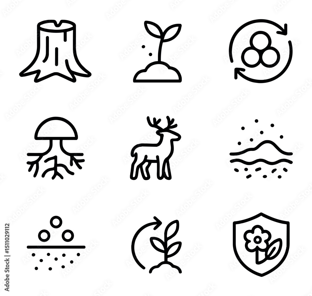 Fototapeta premium Fire Ecology Icons. Outline icon set of fire ecology and forest regeneration: charred tree stump, seedling sprout, nutrient cycle