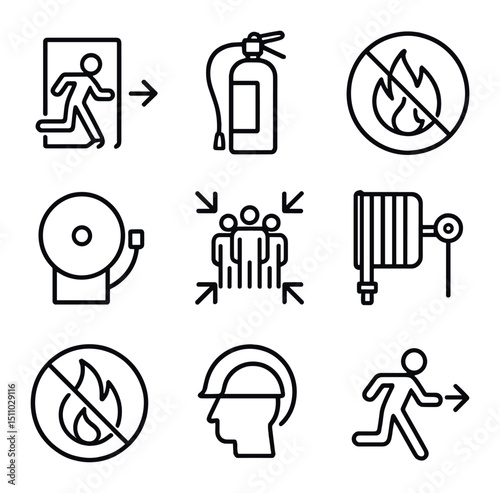 Fire Safety Icons. Outline icon set of fire safety signs and symbols: fire exit, fire extinguisher sign, no open flame, fire alarm